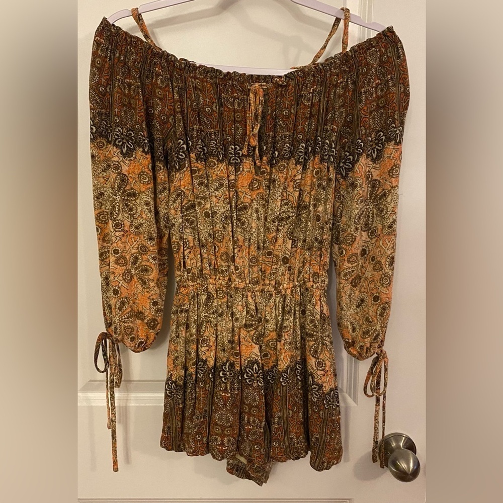Free People So Divine Off The Shoulder Romper Sz XS Apricot Combo Lined
